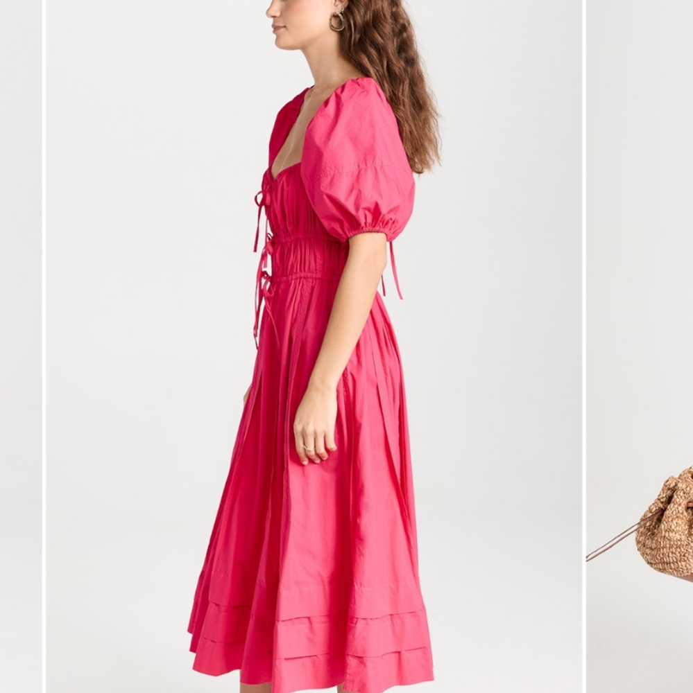 Ulla Johnson Palma Vibrant Barbie Pink Peasant Cotton Puff Sleeve Midi Dress - Picture 14 of 16